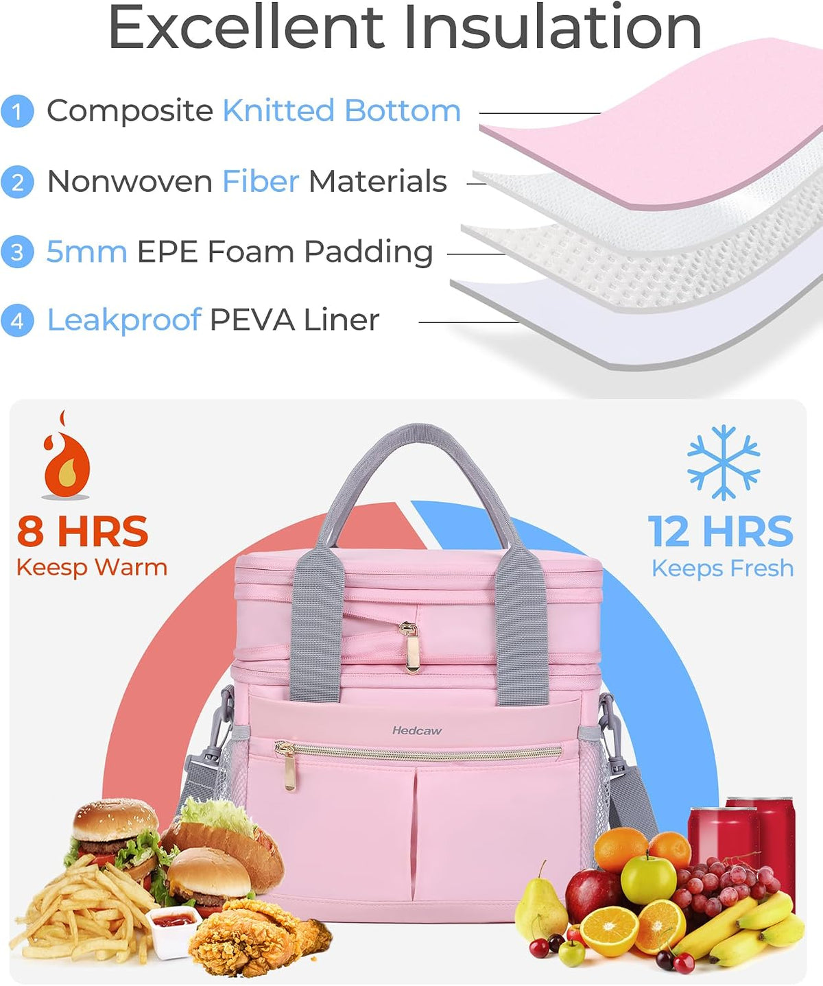 Lunch Box for Women Double Deck Insulated Lunch Bag Women Expandable Leakproof Reusable Lunch Cooler Bag for Work, Office, Picnic, Pink