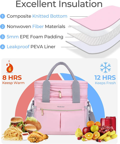 Lunch Box for Women Double Deck Insulated Lunch Bag Women Expandable Leakproof Reusable Lunch Cooler Bag for Work, Office, Picnic, Pink
