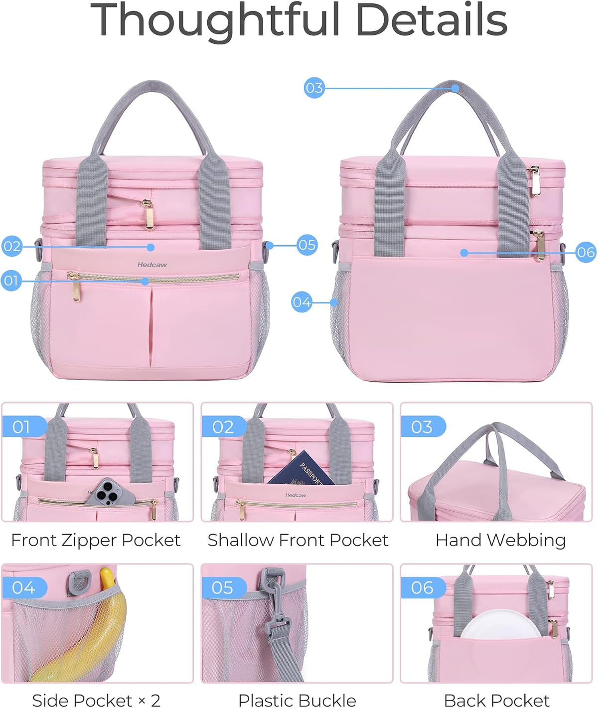 Lunch Box for Women Double Deck Insulated Lunch Bag Women Expandable Leakproof Reusable Lunch Cooler Bag for Work, Office, Picnic, Pink
