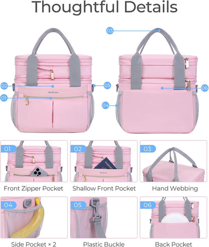 Lunch Box for Women Double Deck Insulated Lunch Bag Women Expandable Leakproof Reusable Lunch Cooler Bag for Work, Office, Picnic, Pink