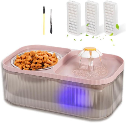 Cat Water Fountain and Stainless Steel Food Bowl, 100oz/3L Super Quiet Automatic Pet Water Dispenser with Smart Pump and 3 Replacement Filters for Cats and Small Dogs, Pink