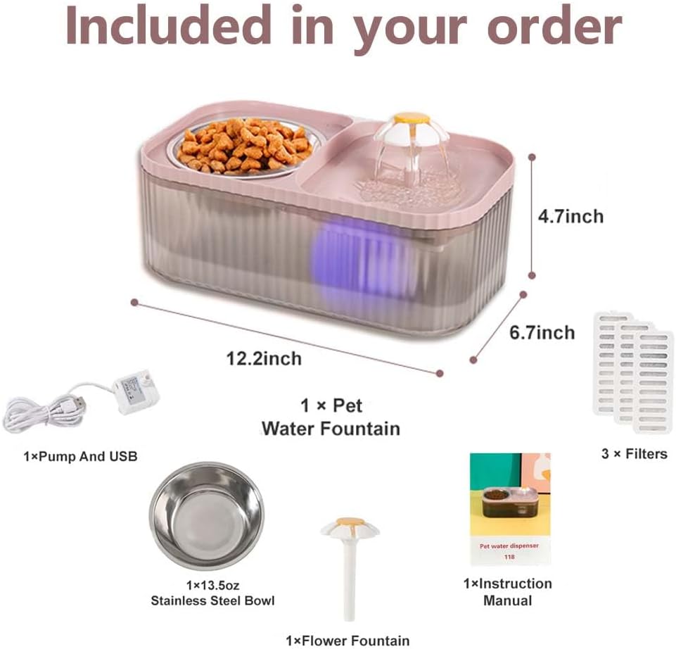 Cat Water Fountain and Stainless Steel Food Bowl, 100oz/3L Super Quiet Automatic Pet Water Dispenser with Smart Pump and 3 Replacement Filters for Cats and Small Dogs, Pink
