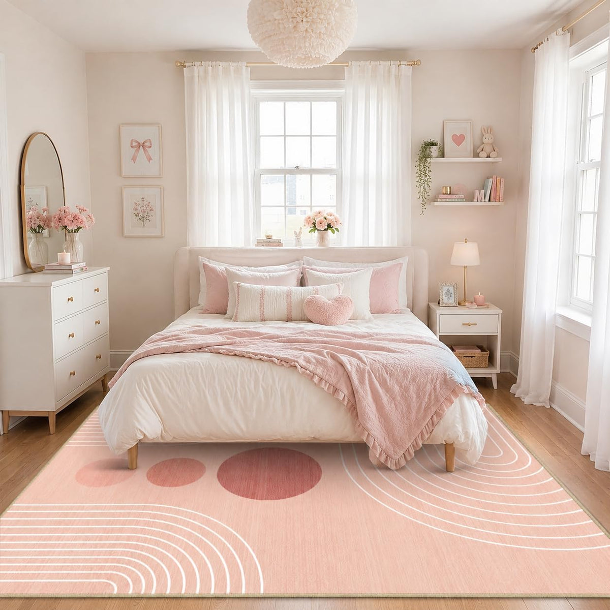 Area Rug 5x7 Boho Modern Geometric Pink Abstract Rug Living Room Washable