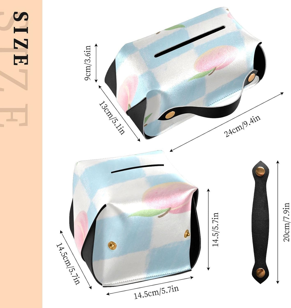 Leather tissue holder Hanging napkin holder sun visor with Adjustable straps & zipper Reusable tissue dispenser box Pink Peach Checkered Pattern