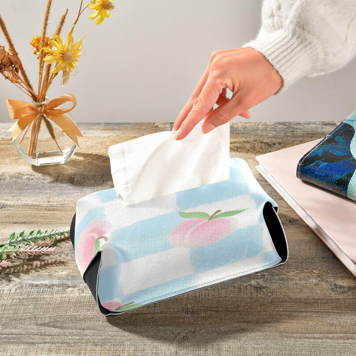 Leather tissue holder Hanging napkin holder sun visor with Adjustable straps & zipper Reusable tissue dispenser box Pink Peach Checkered Pattern