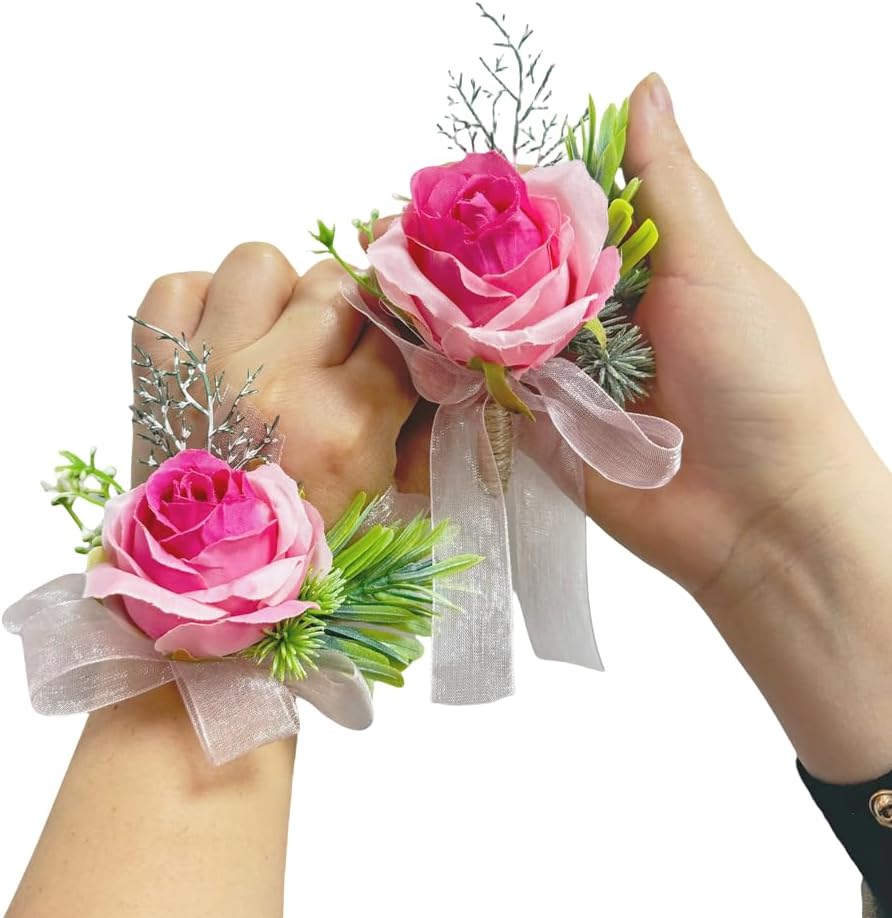 Deep Pink Rose Flower Corsage and Boutonniere Set 2
