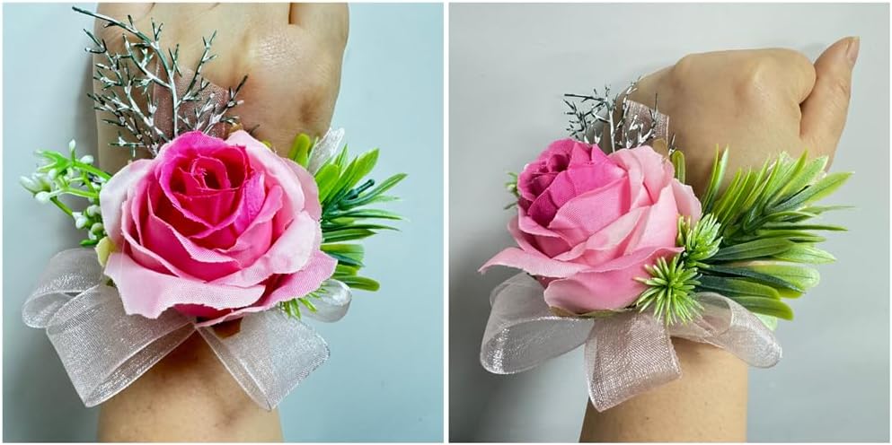 Deep Pink Rose Flower Corsage and Boutonniere Set 2