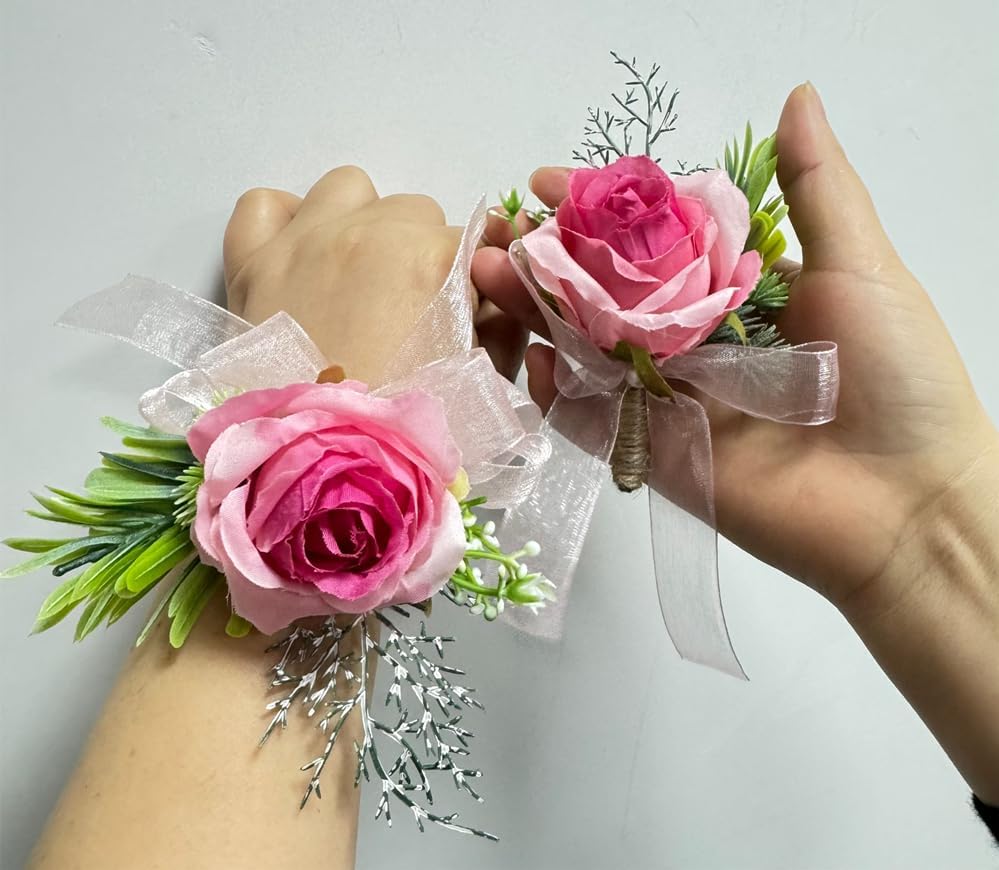 Deep Pink Rose Flower Corsage and Boutonniere Set 2
