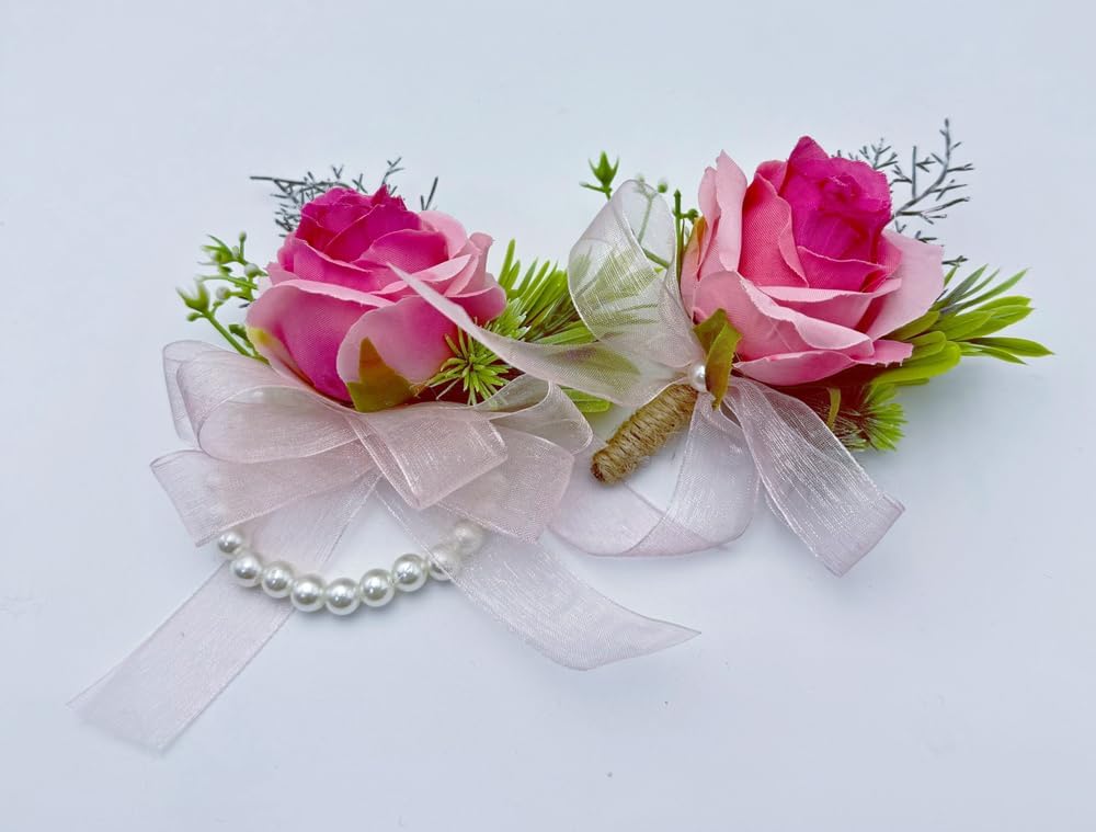 Deep Pink Rose Flower Corsage and Boutonniere Set 2