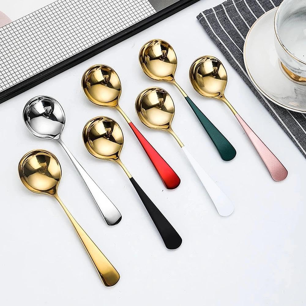 COMIART 4-Piece Enamel Coffee Spoons, 304 Stainless Steel Espresso Spoons with Thickened Long Handle, Colorful Round Teaspoons for Stirring Coffee, Tea, Dessert, Yogurt - Dishwasher Safe (Pink)