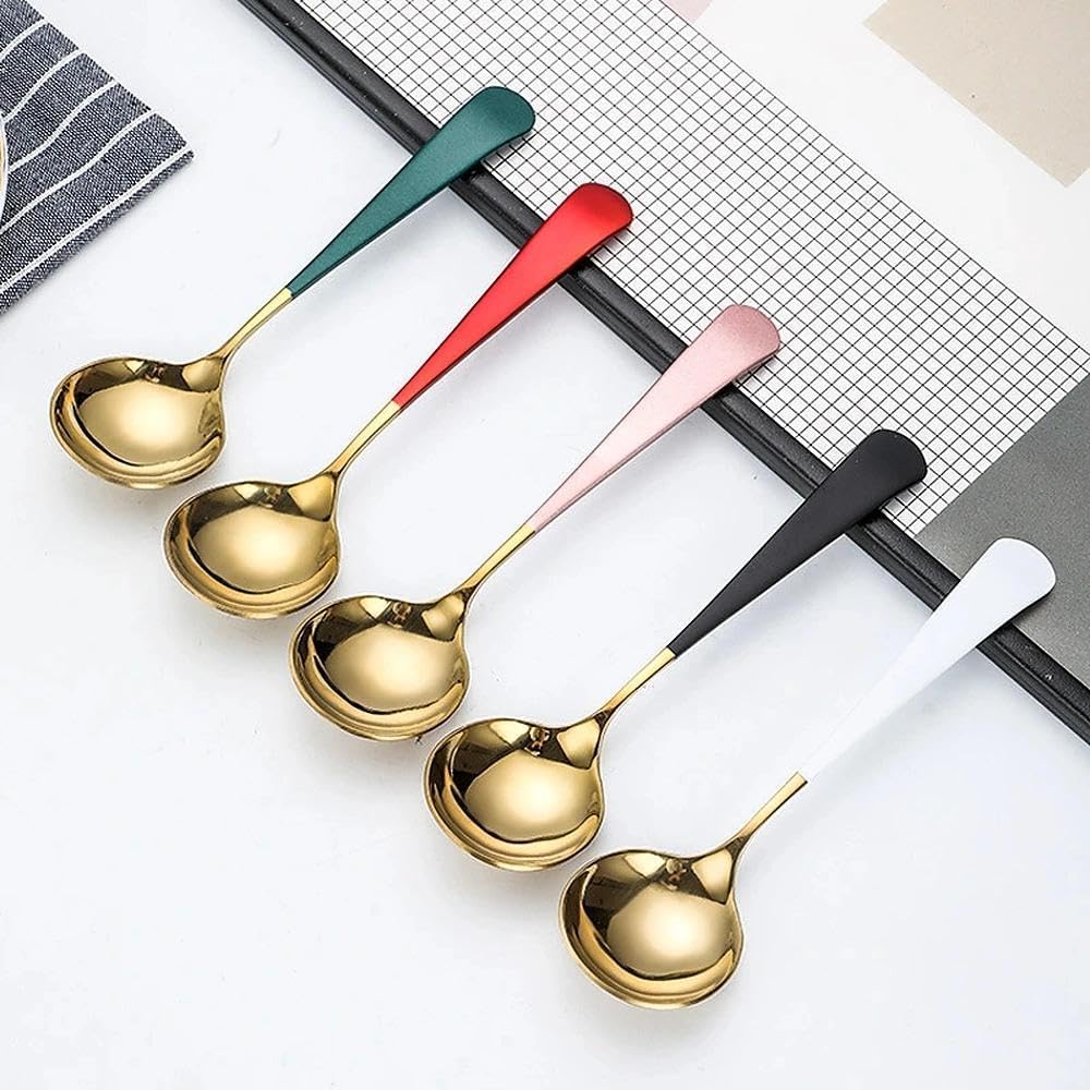 COMIART 4-Piece Enamel Coffee Spoons, 304 Stainless Steel Espresso Spoons with Thickened Long Handle, Colorful Round Teaspoons for Stirring Coffee, Tea, Dessert, Yogurt - Dishwasher Safe (Pink)