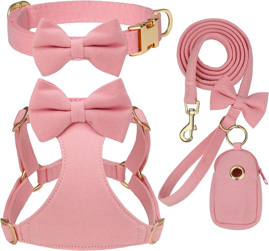 Cute Small Dog Harness Collar and Leash Set, Pink,XS,Chest 13-28"