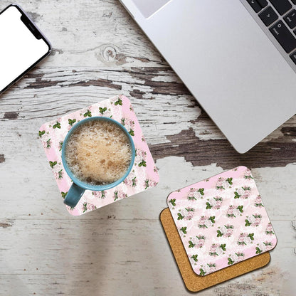 Pretty Light Pink Floral & Image of White Set of 8 Coasters - Cork