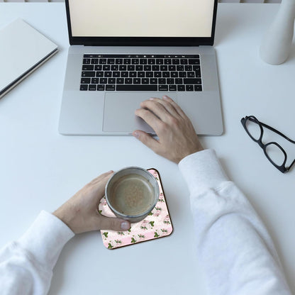 Pretty Light Pink Floral & Image of White Set of 8 Coasters - Cork