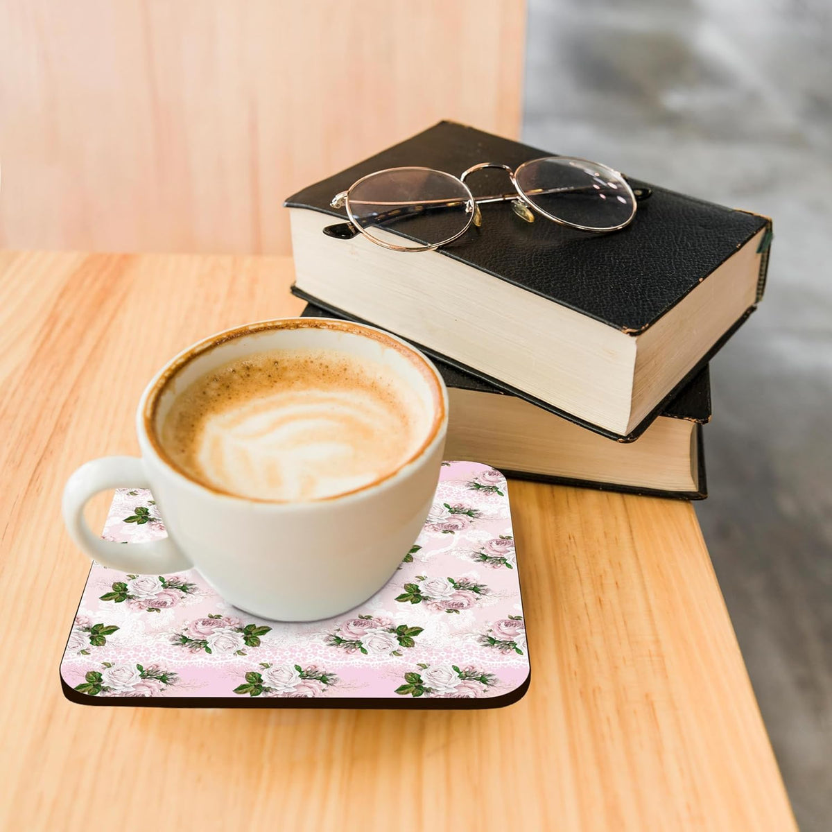 Pretty Light Pink Floral & Image of White Set of 8 Coasters - Cork