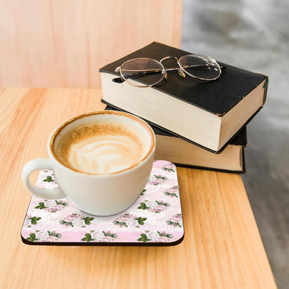 Pretty Light Pink Floral & Image of White Set of 8 Coasters - Cork