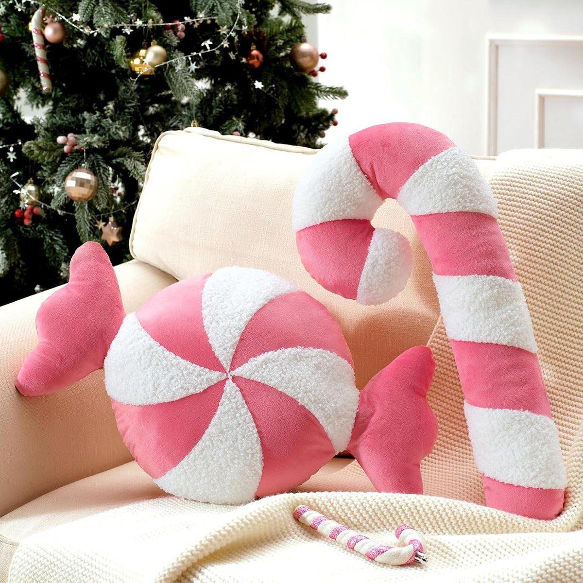 Ashler Merry Christmas Candy Shaped Pillows, Set of 2 Candy Cane Teddy Sherpa Soft Velvet Patchwork Throw Pillows, Christmas Cushion for Sofa, Bed and Living Room, Pink