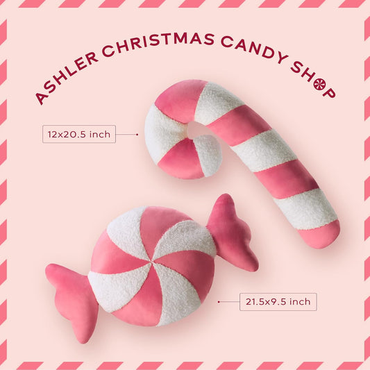 Ashler Merry Christmas Candy Shaped Pillows, Set of 2 Candy Cane Teddy Sherpa Soft Velvet Patchwork Throw Pillows, Christmas Cushion for Sofa, Bed and Living Room, Pink