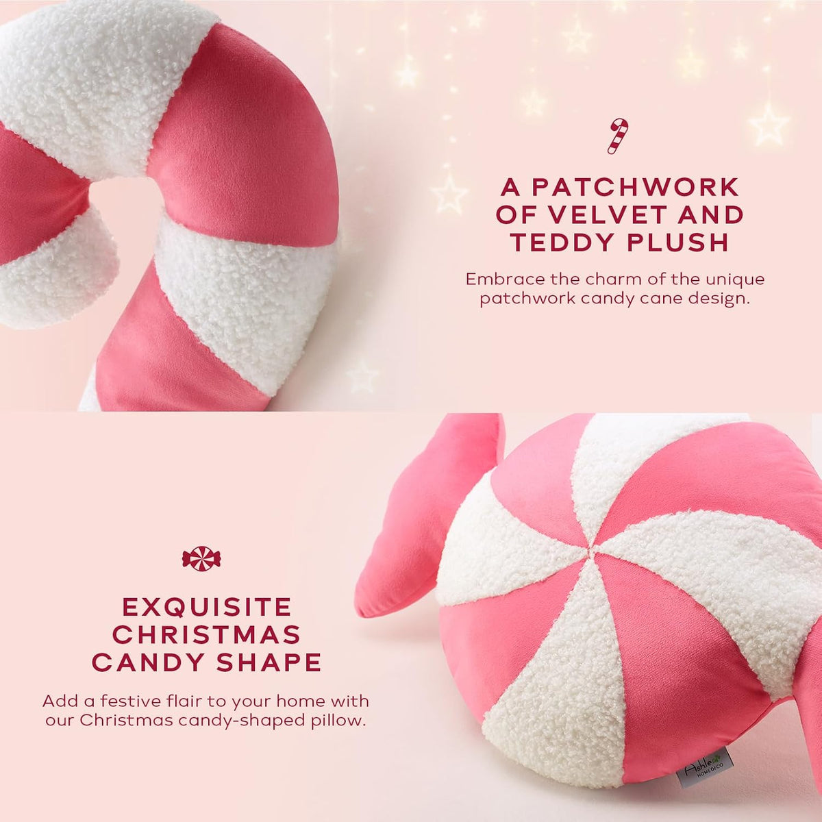Ashler Merry Christmas Candy Shaped Pillows, Set of 2 Candy Cane Teddy Sherpa Soft Velvet Patchwork Throw Pillows, Christmas Cushion for Sofa, Bed and Living Room, Pink
