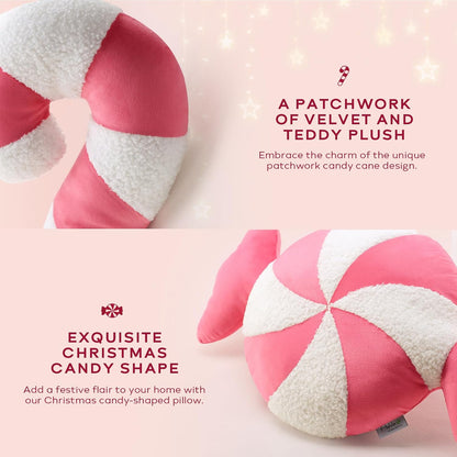 Ashler Merry Christmas Candy Shaped Pillows, Set of 2 Candy Cane Teddy Sherpa Soft Velvet Patchwork Throw Pillows, Christmas Cushion for Sofa, Bed and Living Room, Pink