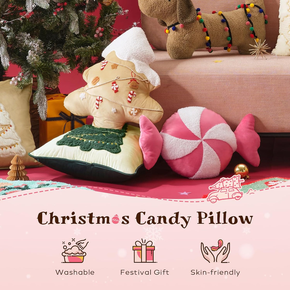 Ashler Merry Christmas Candy Shaped Pillows, Set of 2 Candy Cane Teddy Sherpa Soft Velvet Patchwork Throw Pillows, Christmas Cushion for Sofa, Bed and Living Room, Pink