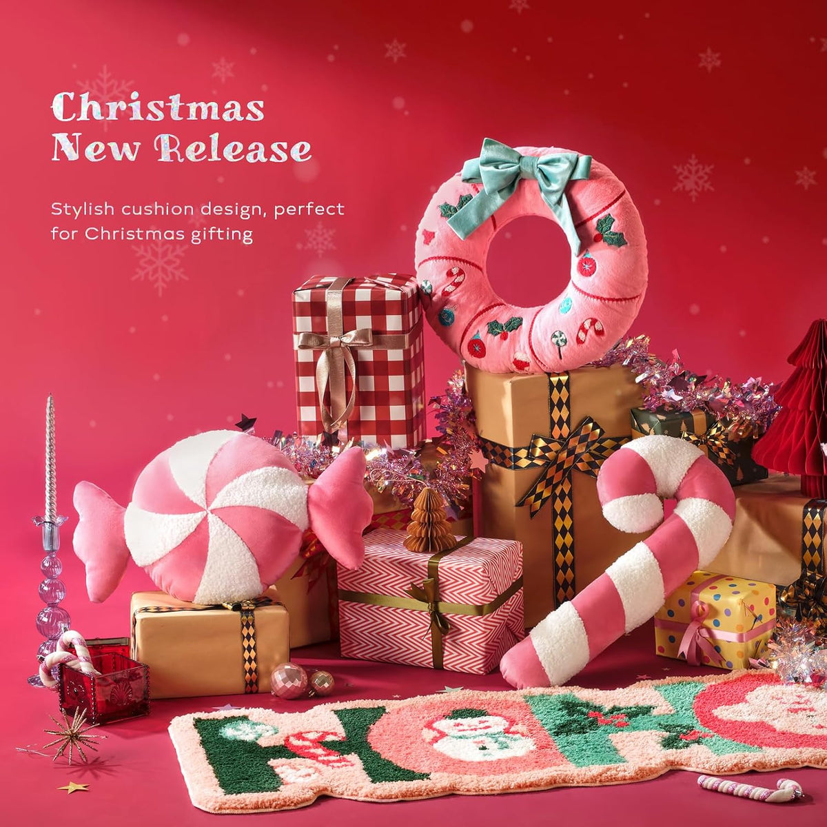 Ashler Merry Christmas Candy Shaped Pillows, Set of 2 Candy Cane Teddy Sherpa Soft Velvet Patchwork Throw Pillows, Christmas Cushion for Sofa, Bed and Living Room, Pink