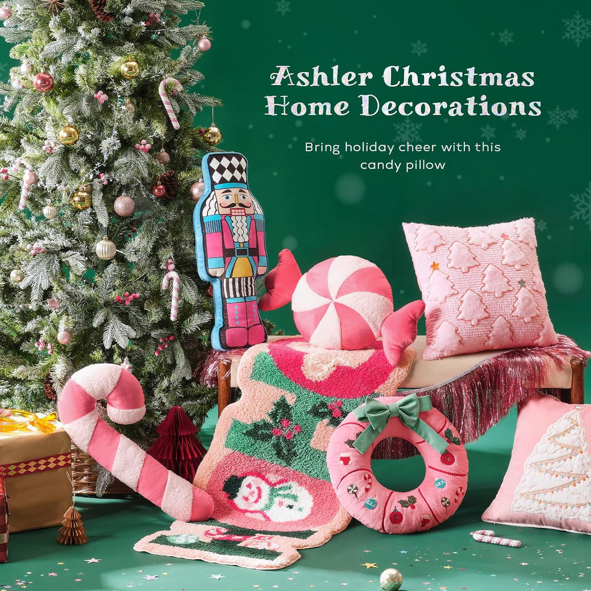 Ashler Merry Christmas Candy Shaped Pillows, Set of 2 Candy Cane Teddy Sherpa Soft Velvet Patchwork Throw Pillows, Christmas Cushion for Sofa, Bed and Living Room, Pink
