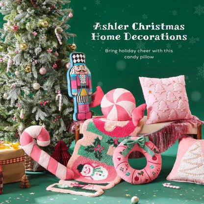 Ashler Merry Christmas Candy Shaped Pillows, Set of 2 Candy Cane Teddy Sherpa Soft Velvet Patchwork Throw Pillows, Christmas Cushion for Sofa, Bed and Living Room, Pink