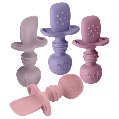 Baby Silicone Spoons - Self Feeding 6 Months - Infant, Toddler, & Kid Friendly Utensils - First Stage, Baby Led Weaning - 4 Pack Utensil Set (Soft Pinks)