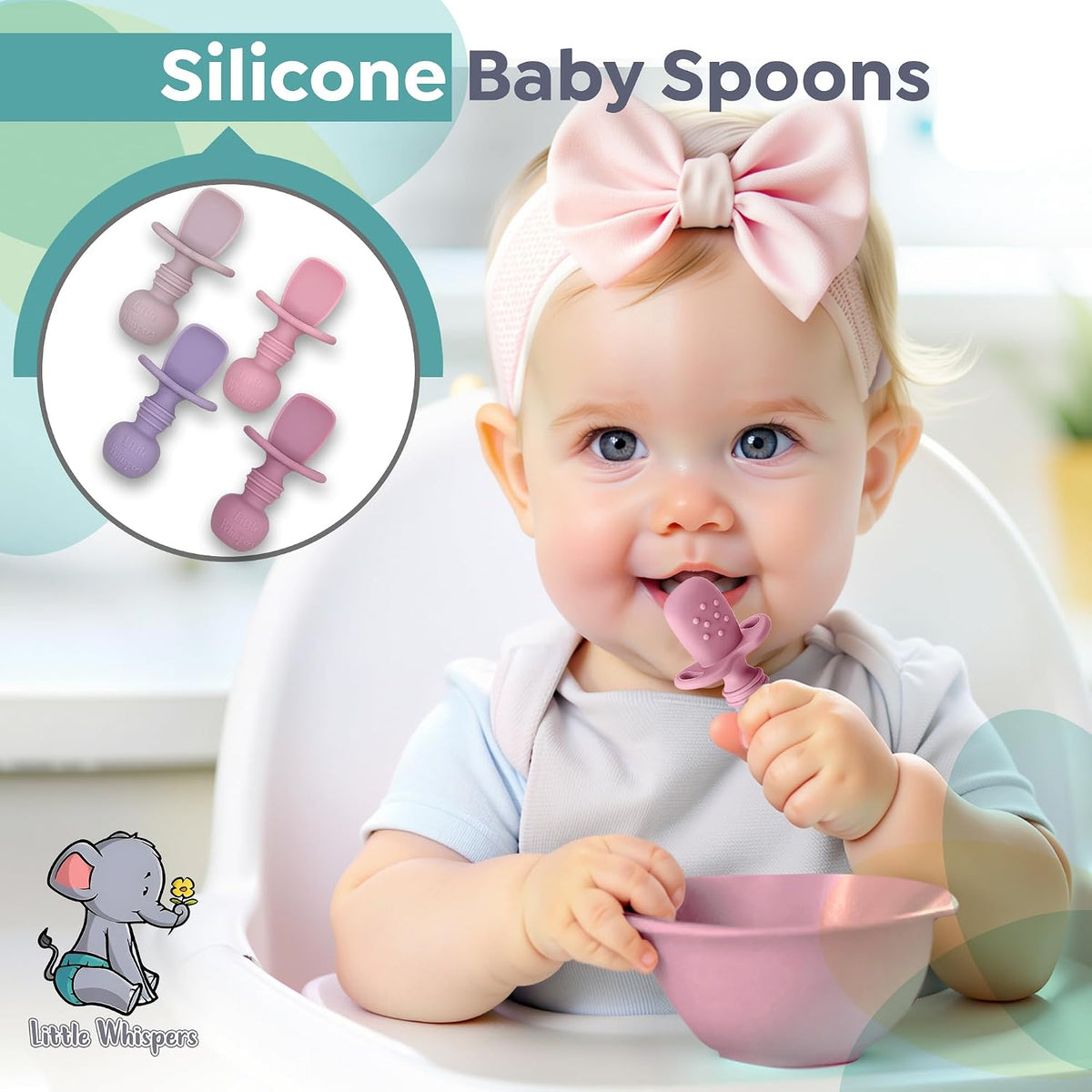 Baby Silicone Spoons - Self Feeding 6 Months - Infant, Toddler, & Kid Friendly Utensils - First Stage, Baby Led Weaning - 4 Pack Utensil Set (Soft Pinks)