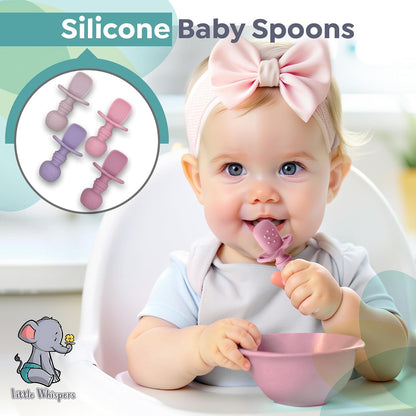 Baby Silicone Spoons - Self Feeding 6 Months - Infant, Toddler, & Kid Friendly Utensils - First Stage, Baby Led Weaning - 4 Pack Utensil Set (Soft Pinks)