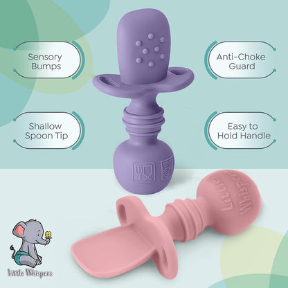 Baby Silicone Spoons - Self Feeding 6 Months - Infant, Toddler, & Kid Friendly Utensils - First Stage, Baby Led Weaning - 4 Pack Utensil Set (Soft Pinks)
