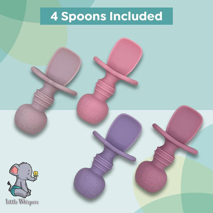 Baby Silicone Spoons - Self Feeding 6 Months - Infant, Toddler, & Kid Friendly Utensils - First Stage, Baby Led Weaning - 4 Pack Utensil Set (Soft Pinks)