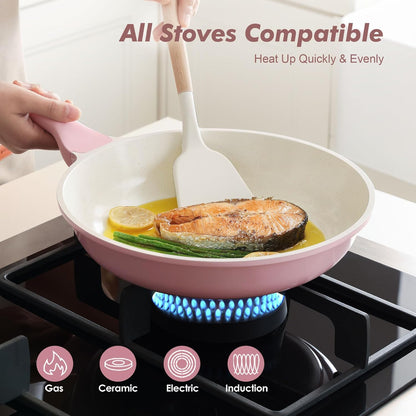Nonstick Ceramic Frying Pan 8-Inch, Healthy Non Toxic Skillet, Induction Compatible Omelet Pan with Heat Resistant Handle, PFAS-Free, Pink