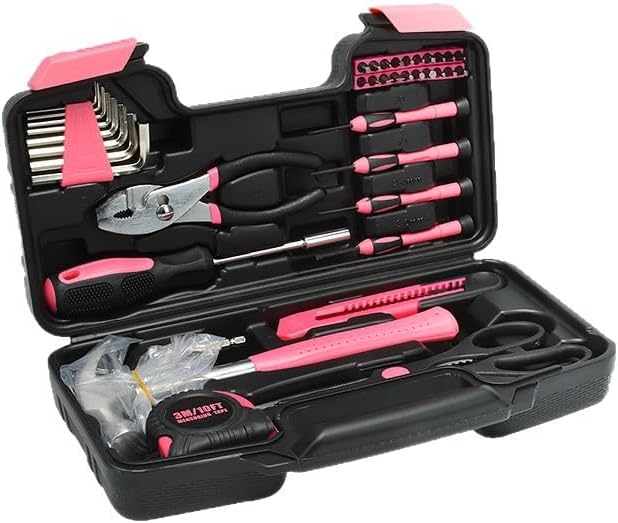 39-Piece Household Tool Set, Carbon Steel, with Claw Hammer, Pliers, Ratchet, Hex Socket, Utility Knife, Tape Measure, and Carrying Case (pink)