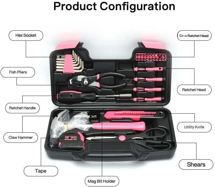 39-Piece Household Tool Set, Carbon Steel, with Claw Hammer, Pliers, Ratchet, Hex Socket, Utility Knife, Tape Measure, and Carrying Case (pink)