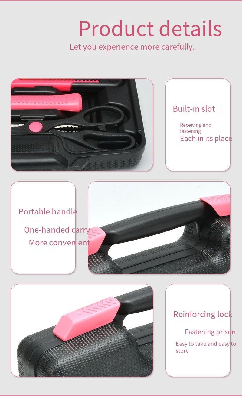 39-Piece Household Tool Set, Carbon Steel, with Claw Hammer, Pliers, Ratchet, Hex Socket, Utility Knife, Tape Measure, and Carrying Case (pink)