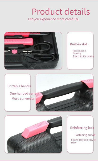 39-Piece Household Tool Set, Carbon Steel, with Claw Hammer, Pliers, Ratchet, Hex Socket, Utility Knife, Tape Measure, and Carrying Case (pink)