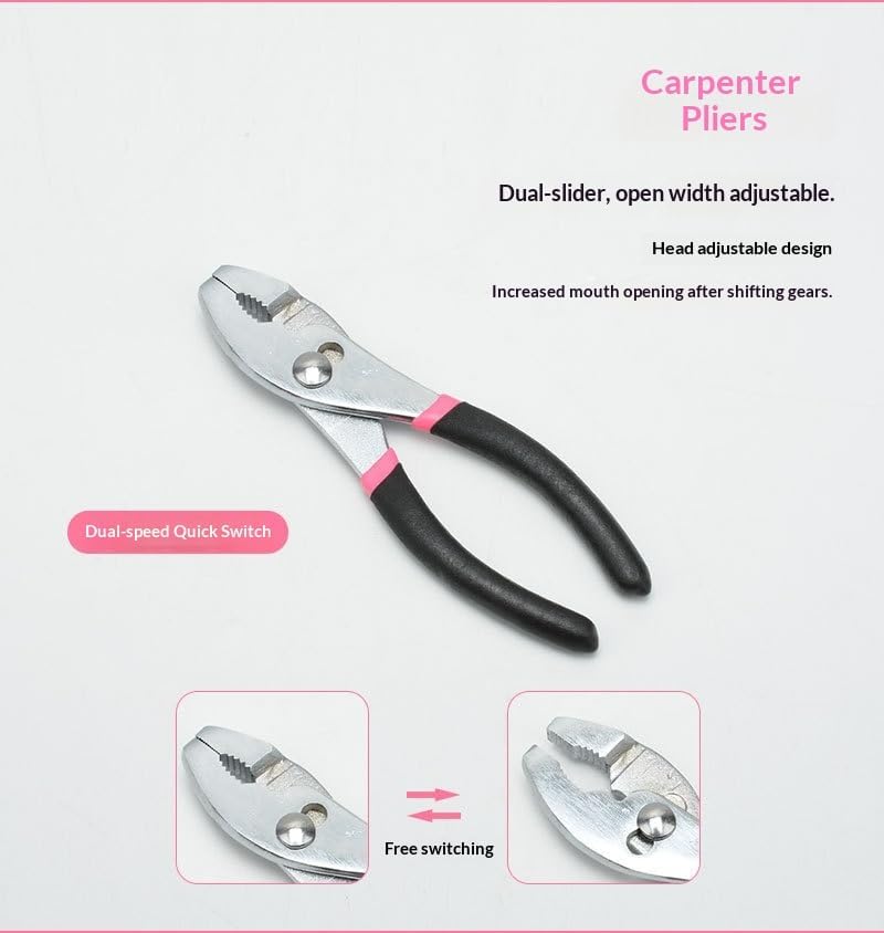 39-Piece Household Tool Set, Carbon Steel, with Claw Hammer, Pliers, Ratchet, Hex Socket, Utility Knife, Tape Measure, and Carrying Case (pink)