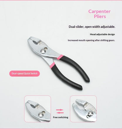 39-Piece Household Tool Set, Carbon Steel, with Claw Hammer, Pliers, Ratchet, Hex Socket, Utility Knife, Tape Measure, and Carrying Case (pink)