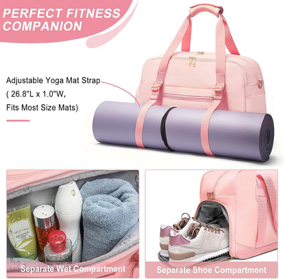 Sports Gym Bag for Women, Travel Duffle Bag with Shoe Compartment & Wet Pocket, Fitness Yoga Bag