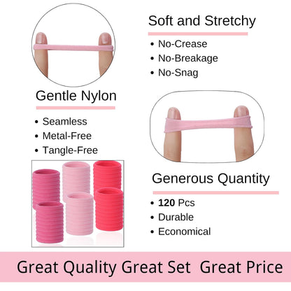 120 Pcs Pink Hair Ties for Women, No Damage Soft Seamless Nylon Hair Elastics for Thick Hair, Ponytail Holders, 3 Gradient Pink Hair Accessories