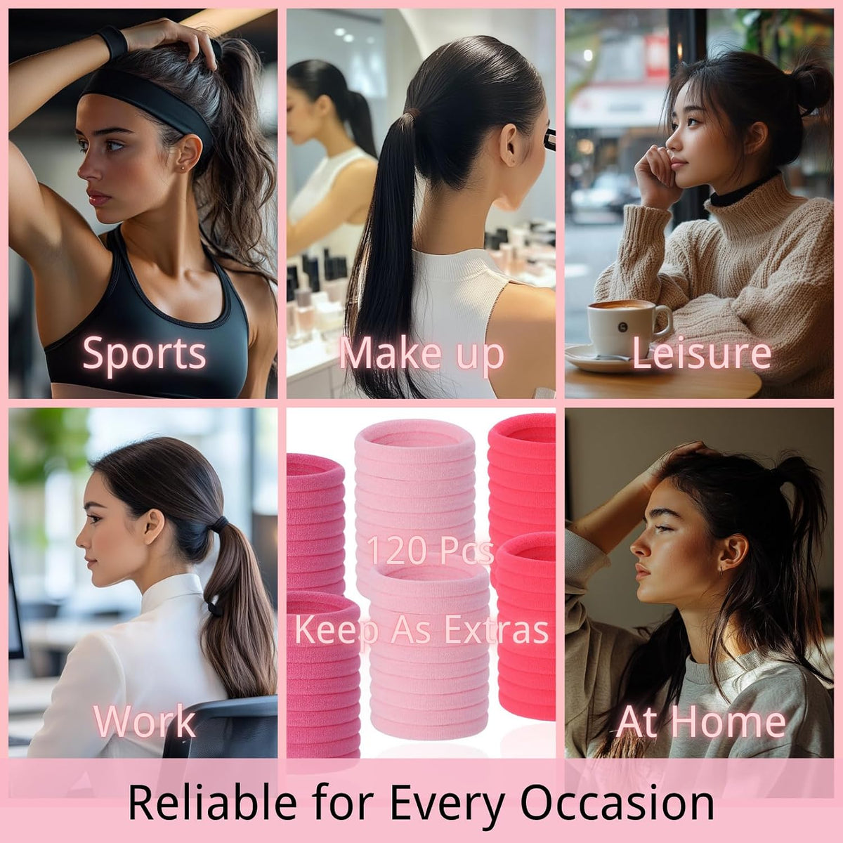 120 Pcs Pink Hair Ties for Women, No Damage Soft Seamless Nylon Hair Elastics for Thick Hair, Ponytail Holders, 3 Gradient Pink Hair Accessories