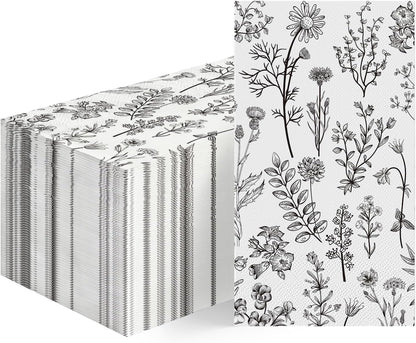 Horaldaily 100 Disposable Paper Decorative Guest Napkins, Black White Hand-painted Wildflowers Herbs Hand Towel for Party Lunch Dinner Kitchen Bathroom