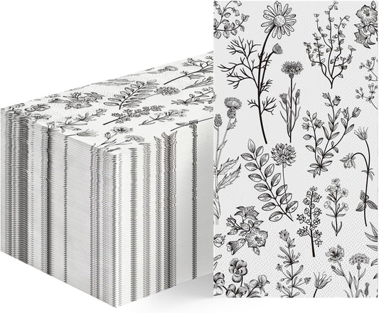 Horaldaily 100 Disposable Paper Decorative Guest Napkins, Black White Hand-painted Wildflowers Herbs Hand Towel for Party Lunch Dinner Kitchen Bathroom