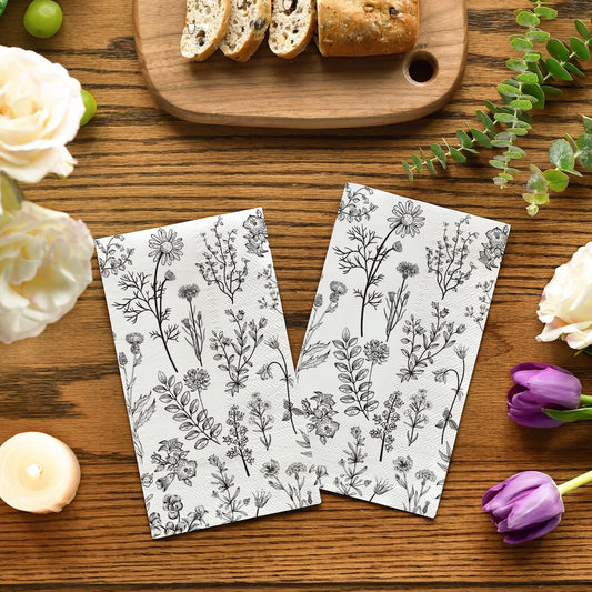 Horaldaily 100 Disposable Paper Decorative Guest Napkins, Black White Hand-painted Wildflowers Herbs Hand Towel for Party Lunch Dinner Kitchen Bathroom