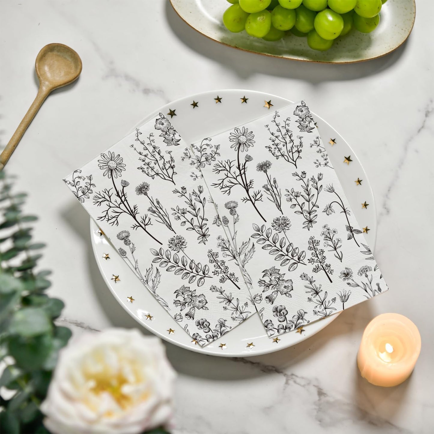 Horaldaily 100 Disposable Paper Decorative Guest Napkins, Black White Hand-painted Wildflowers Herbs Hand Towel for Party Lunch Dinner Kitchen Bathroom