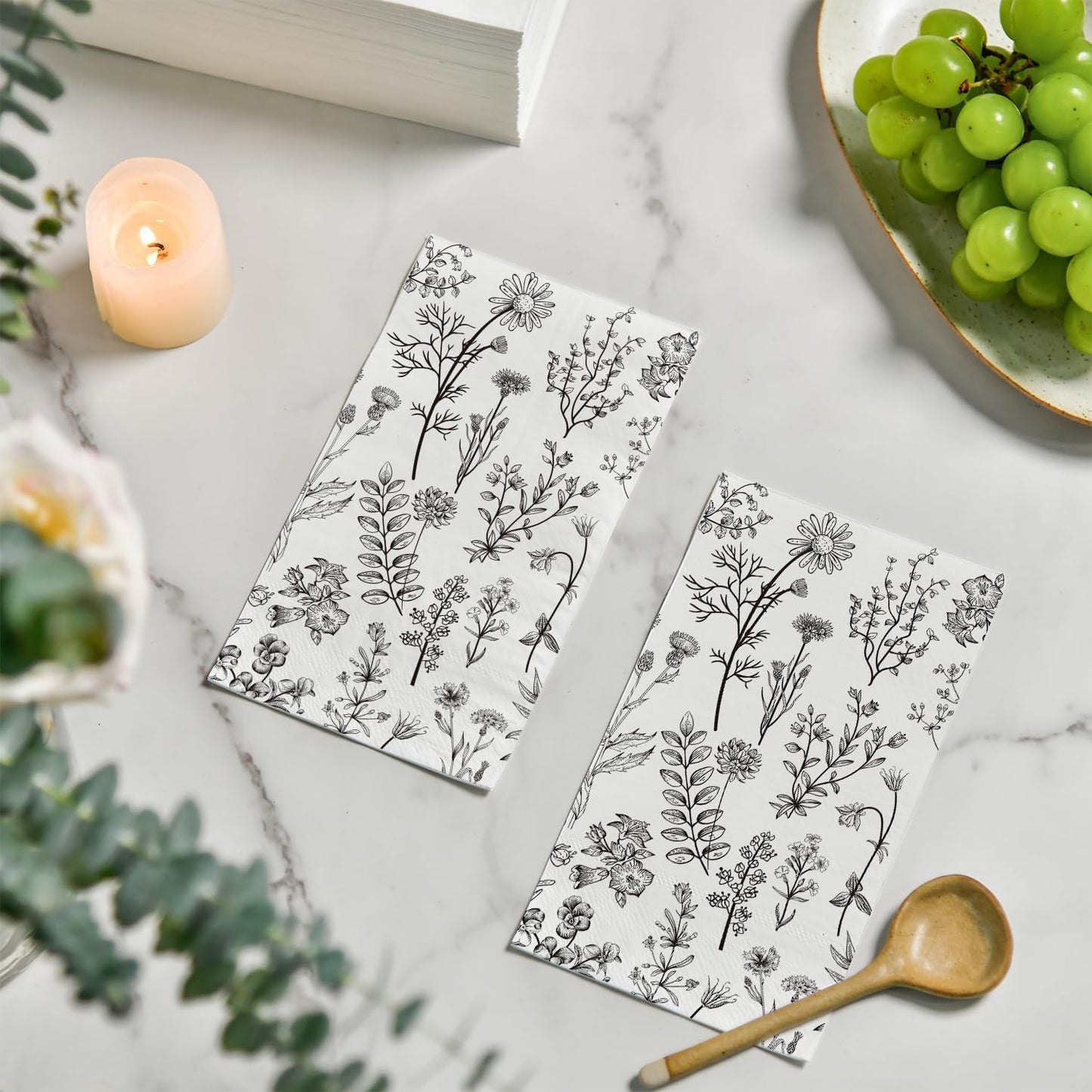Horaldaily 100 Disposable Paper Decorative Guest Napkins, Black White Hand-painted Wildflowers Herbs Hand Towel for Party Lunch Dinner Kitchen Bathroom