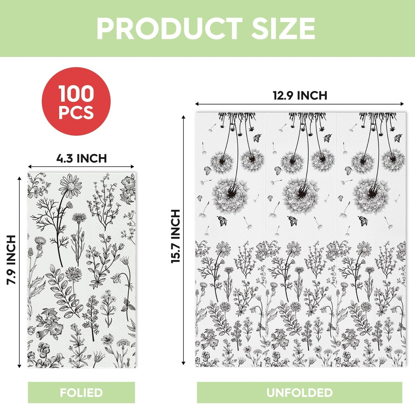 Horaldaily 100 Disposable Paper Decorative Guest Napkins, Black White Hand-painted Wildflowers Herbs Hand Towel for Party Lunch Dinner Kitchen Bathroom