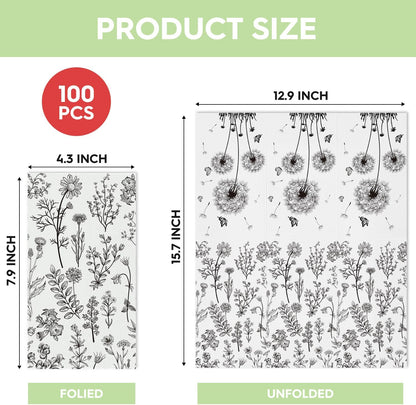 Horaldaily 100 Disposable Paper Decorative Guest Napkins, Black White Hand-painted Wildflowers Herbs Hand Towel for Party Lunch Dinner Kitchen Bathroom